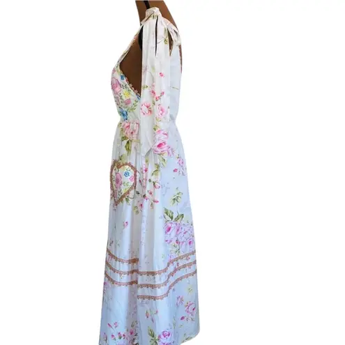 2seeyou White Floral Embroidered Deep V Neck Elastic Waist Maxi Dress Size Small