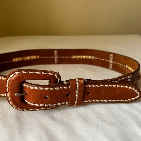 Vintage Brown Leather Belt Contrast Stitching Wood Bead Detail Boho Western 30