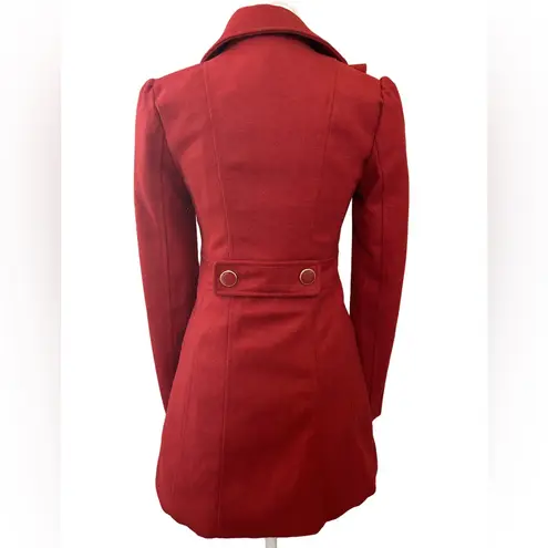 Say What? Red double-breasted ruffle coquette romantic feminine wool blend pea coat XS