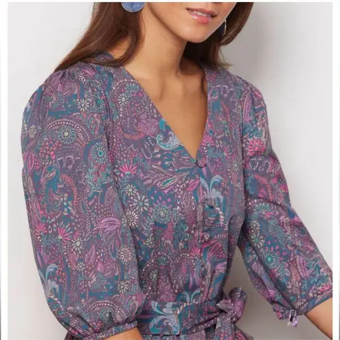 Evereve Floral Ember Jumpsuit Size XS Puff Sleeve Belt Cropped Purple Teal