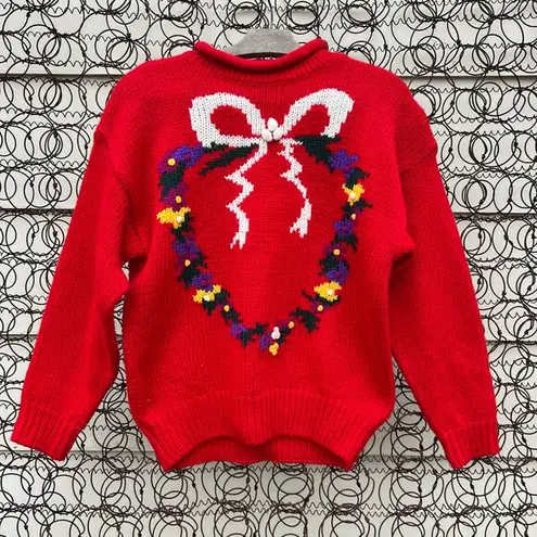 Vintage Red Mock Neck Sweater Wreath Bow Floral Knit Hasting Smith SMALL