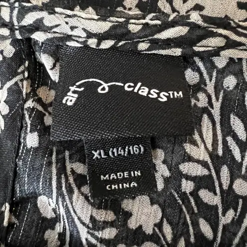 Art Class Womens Blouse Top Shirt Floral Print Ruffled Pullover Black White XL