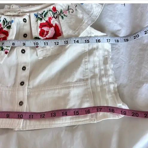PILCRO FOR ANTHRO FLORAL NEEDLEPOINT EMBROIDERY BUTTON RUFFLE COLLAR COTTON CROP White Size XS