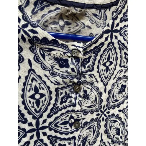 Jigsaw White Allover Navy Blue Floral Geometric Button Front Cardigan Sweater