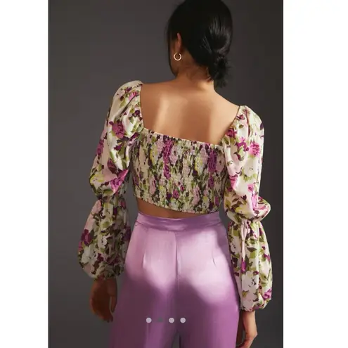 Anthropologie En Saison Cream Pink Smocked Floral Crop Top Size Small