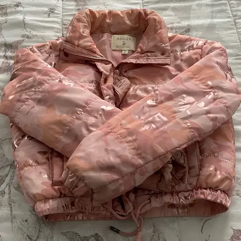 Ashley by 26 International pink reflective full zip cropped puffer coat, size S