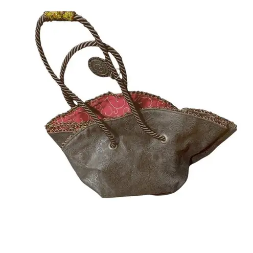 Designer Embossed Hobo Bag Chocolate Brown Rope Handle Embellished Beaded Detail