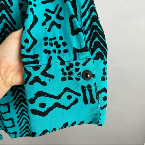 Tianello Blouse Tencel Rayon Mud Print Bright Teal Abstract Tribal Women Small Blue