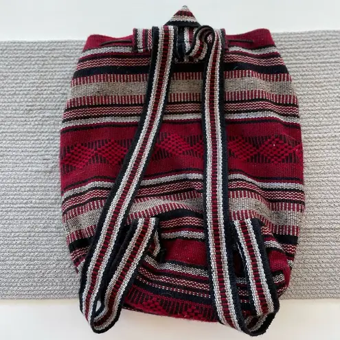 Vintage Artesian Black Red Wool Blend Tribal Boho Woven Backpack with Drawstring
