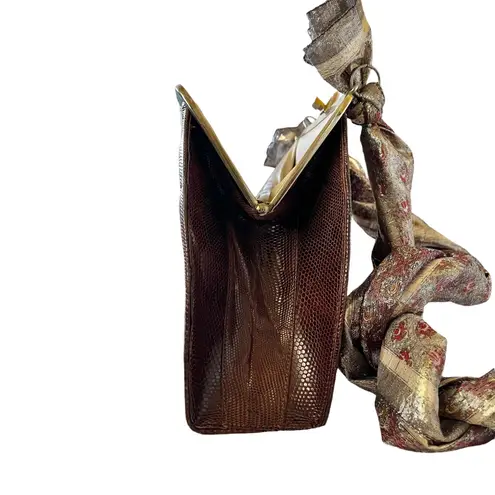 Vintage Genuine Lizard Brown Leather Frame Handbag with Oscar de la Renta Scarf