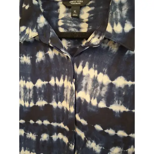 Simply Vera, Vera Wang Simply Vera Vera Wang Women's XL Navy Blue White Tie-Dye Button Down Blouse
