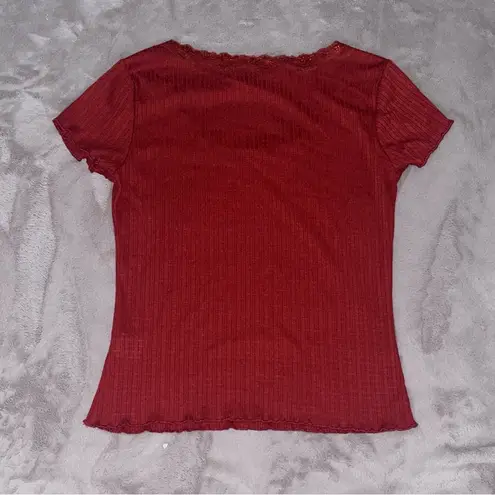 Wishful park Red Rust Fitted Ribbed Tee Lace Trim Size Medium