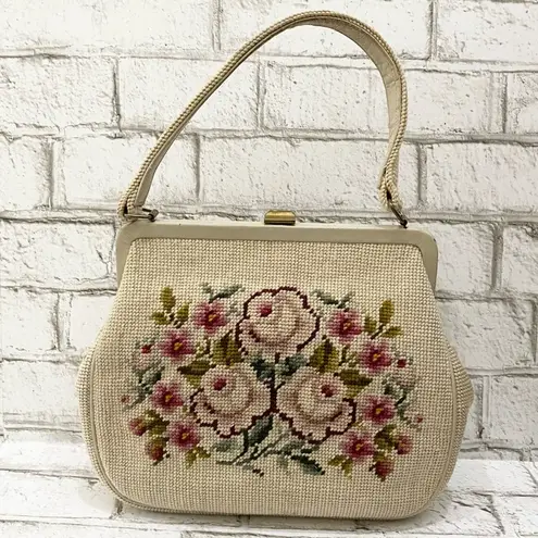 Vintage Beige Floral Needlepoint Clutch Handbag