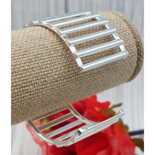 Cute Silver Tone Wide Bar Bangle Cuff Bracelet One Size Form to Fit