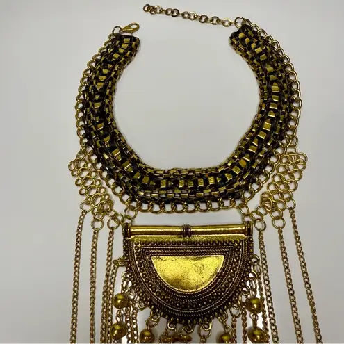 Large Gold Tone Statement Necklace Bohemian Coins Details Festival