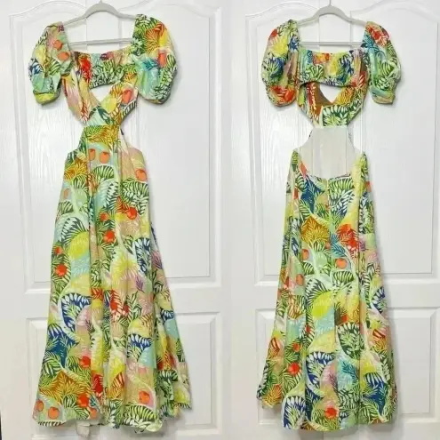 STAUD Coliseum Off-The-Shoulder Linen Tropical Print Dress Size 8