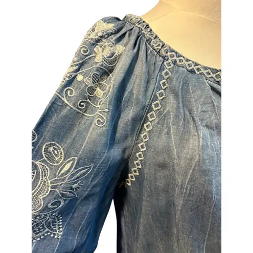 Vintage America Blues SZ SM Denim Embroidered Button Down Faded Crinkle Design Blue