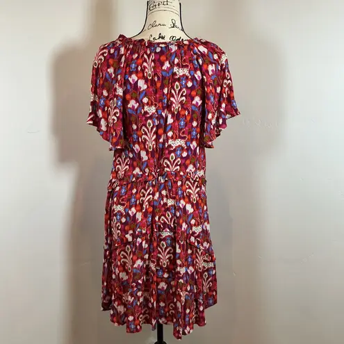 By Anthropologie Dress Medium Floral Print Ruffle V Neck Short Sleeve Tiered Red
