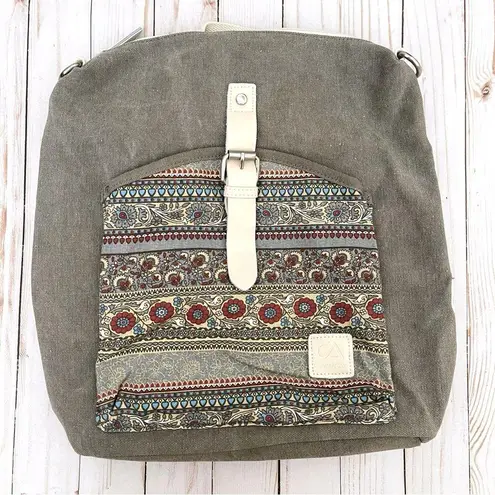 NWOT Canvas Artisan Floral Boho Convertible Crossbody Backpack Tote Bag Gray