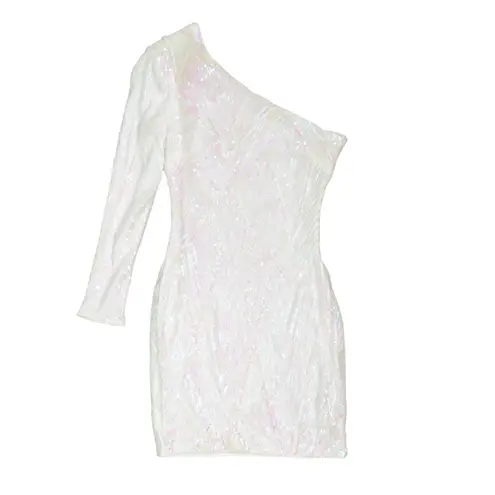 Love & Lemonade White Sequin One Shoulder Long Sleeve Cocktail Dress Large