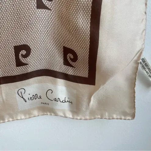 Pierre Cardin Vintage 70s Paris Signature Logo Silk Scarf Brown Ivory 25 x 26