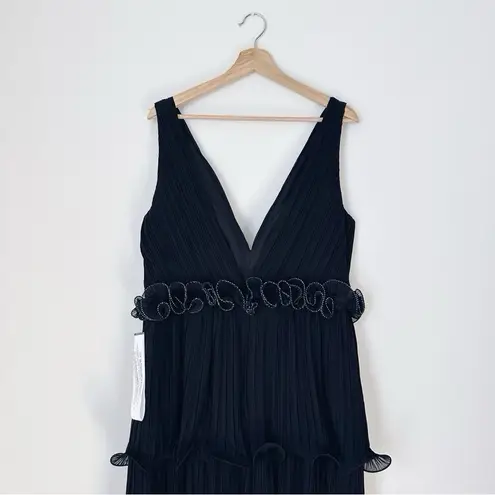 Mac Duggal Woman's Pleated Ruffle Tiered Plunge Back Detail Deep V-Neck Maxi