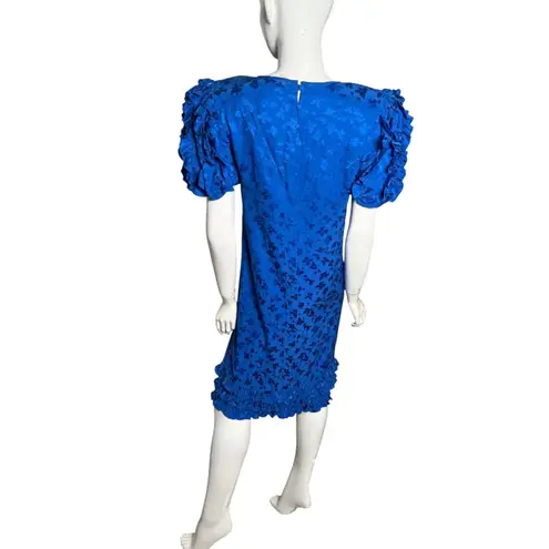 Maggy London Vintage Dress Womens 8 Blue Silk Floral Puff Sleeve Ruffle 80s