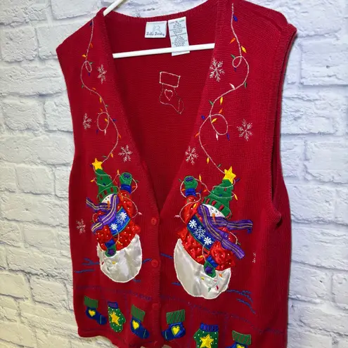 Vintage Bobbie Brooks Womens Ugly Christmas Sweater Vest Size XL Snowmen Red