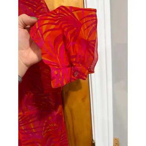 Y2K Vintage ICE 100% Silk Wrap Dress Robe Size 16 Red Orange Abstract Print