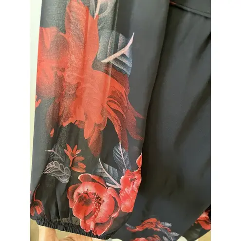 Unbranded Womens 2xl Red Black Gothic Rose Floral V Neck Wrap Belted Midi Dress Pink Size XXL