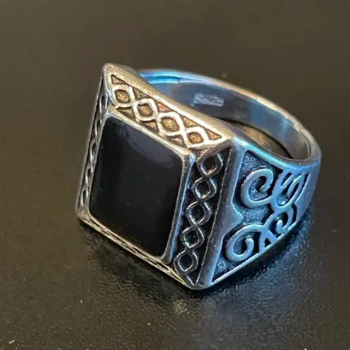 Natural obsidian stone S925 silver ring size 9