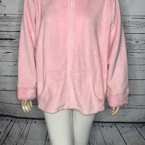 Denim & Co . NWT Size 3X Pink Zip Front Fleece w/ Faux Fir Trim Jacket