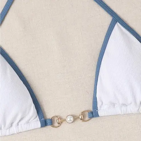 Boutique NWOT (M) Sea Pearl Bikini Set Halter top/thong bottom in white and baby blue