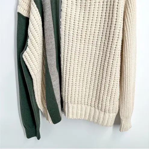 Sacai 100% Wool Stripe Cableknit Zipper Sweater Cream Green Gray NEW XXL