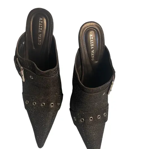 Azalea Wang Black Glitter Stiletto Heel Mules Pointed Toe Buckle Studded Size 10