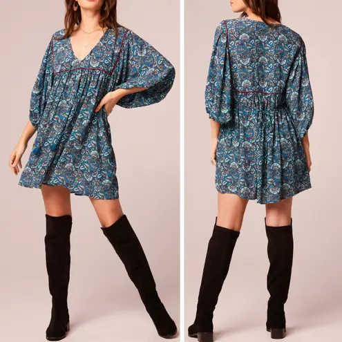 Band Of The Free New Floral Print Tassel Tie Babydoll Mini Dress Teal Size Small