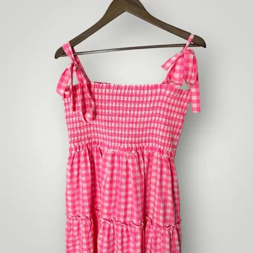 Pomander Place Nellie Dress XL Pink Gingham Smocked Tiered Midi Cotton Blend