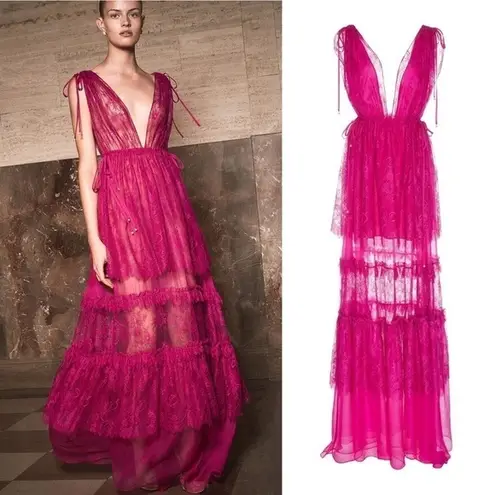 Alexis Dress Umbria Tiered Lace Tulle Silk Maxi Wedding Pink Fuchsia XS GUC