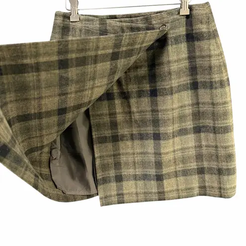 Max Mara Weekend Wrap Mini Skirt 12 Khaki Wool Glen Plaid Winter Dark Academia Tan