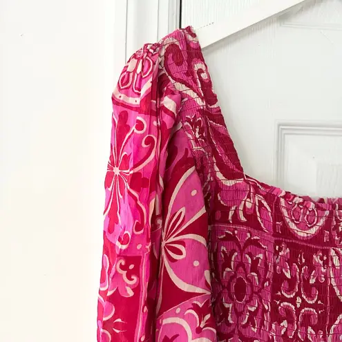 Olivia James The Label Pink Bridget Midi Smocked Puff Sleeve Dress Tile Boho XS