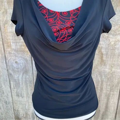 carole little Black Drape Front Red Underlay Blouse Size M