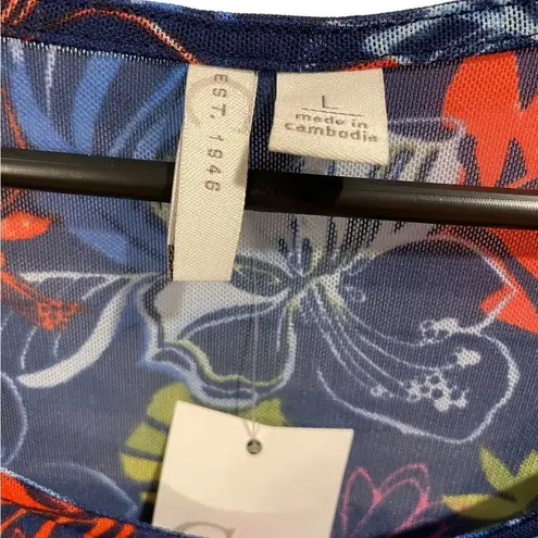 Est. 1946 NWT Tropical Floral Sheer Mesh Ruffle Pom Pom Sleeve Stretch Blouse