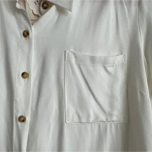 Hem & Thread  Womens White Collared Button Up Roll Tab Sleeves Blouse New Large L