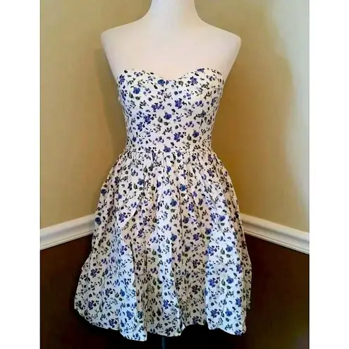 Alythea Beige Strapless Blue Floral Sweetheart Bust Party Dress by from ModCloth