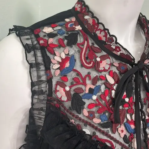 Kate Spade  Camelia Embroidered Peplum Top Swiss Dot Tassel Tie Black Size Medium