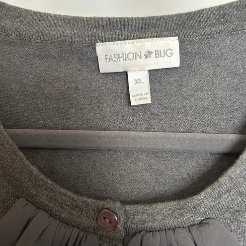 Fashion Bug Women's XL Charcoal Gray Sweater Button Up 3/4 Sleeve Ruffle front