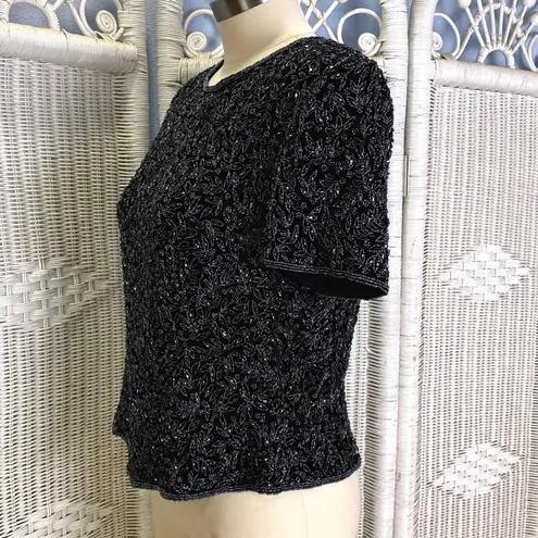 Papell Boutique intage 90s Evening Silk Beaded Top L Black Minimalist Glam