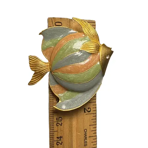Gold Tone Fish Brooch Enamel Pastel Stripes Rhinestone Eye Pin