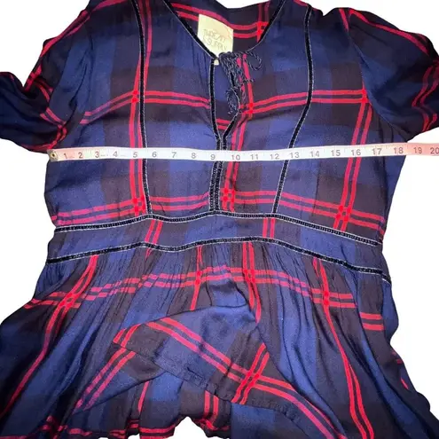 Thread and Supply  Navy and Red Plaid Peplum blouse w/ tie closure Size Medium