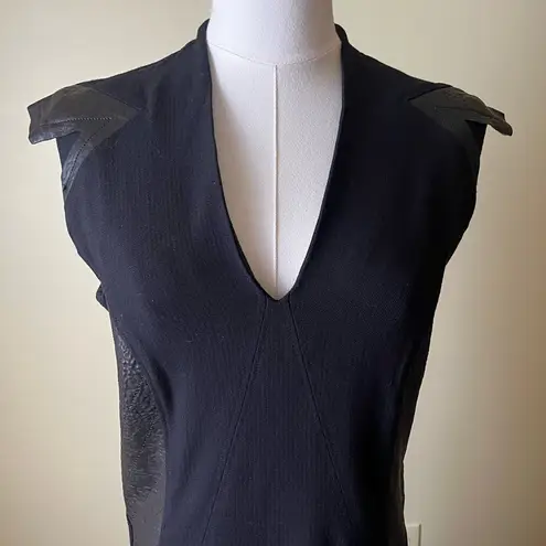 Helmut Lang Blistered Leather Panel Dress Size 10 Ribbed Knit V-Neck Sheath
